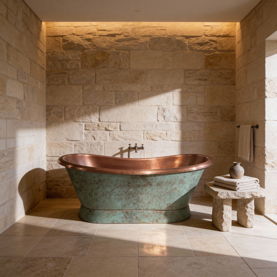 Slanting Base Copper Bathtub Hammered Antique Copper Interior & Patina Exterior Finish