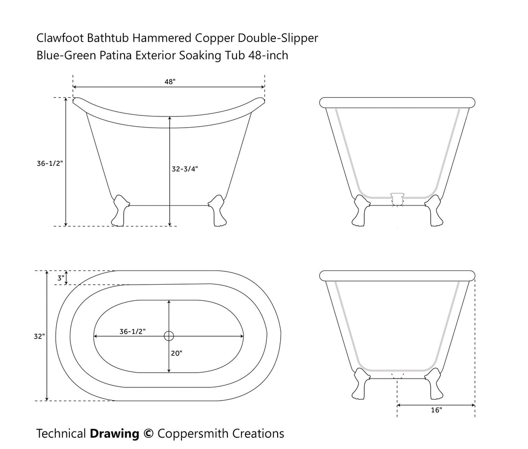 Clawfoot Bathtub Hammered Copper Double-Slipper Blue-Green Patina Exterior Soaking Tub 48-inch