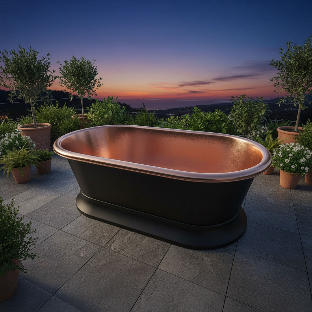 Pedestal Copper Bathtub Black Exterior & Polished Copper Interior