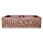 Load image into Gallery viewer, Double Bowl Sunflower Design Front Apron Copper Kitchen Sink
