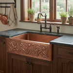 Load image into Gallery viewer, Single Bowl Flower Front Apron Copper Kitchen Sink
