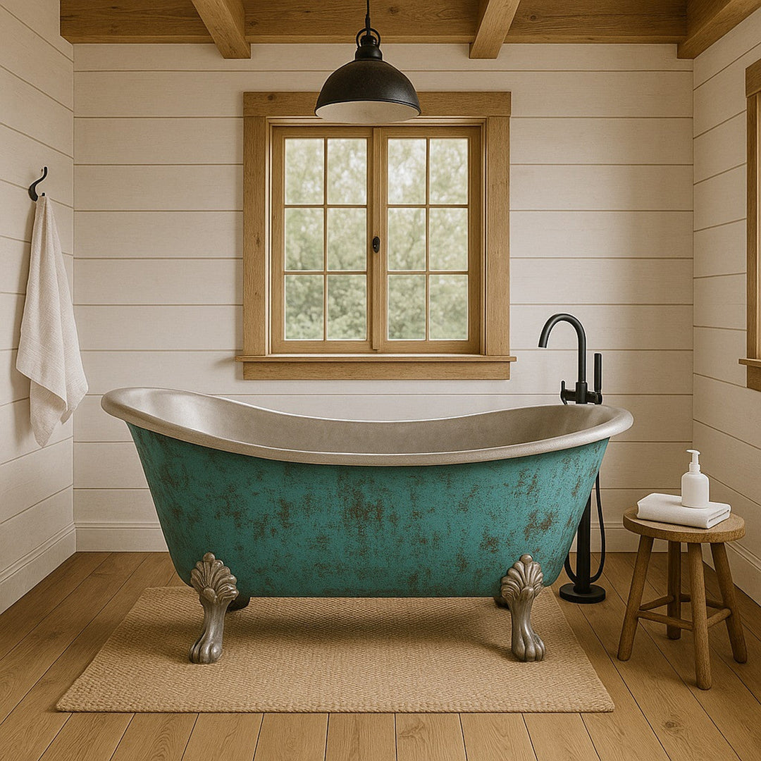 Clawfoot Copper Bathtub Verdigris Patina Exterior & Tin Interior Single Slipper