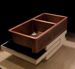Load image into Gallery viewer, Double Bowl Vine Design Front Apron Copper Kitchen Sink 60-40 Split
