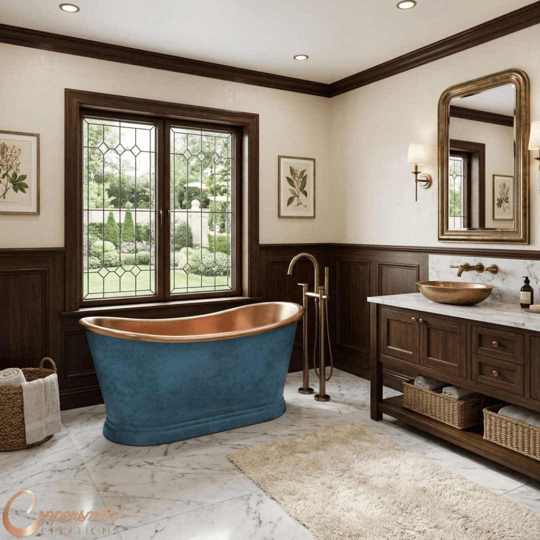 Slanted Cascading Base Copper Bathtub Verdigris Blue Patina Exterior & Antique Finish Interior
