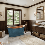 Load image into Gallery viewer, Slanted Cascading Base Copper Bathtub Verdigris Blue Patina Exterior &amp; Antique Finish Interior
