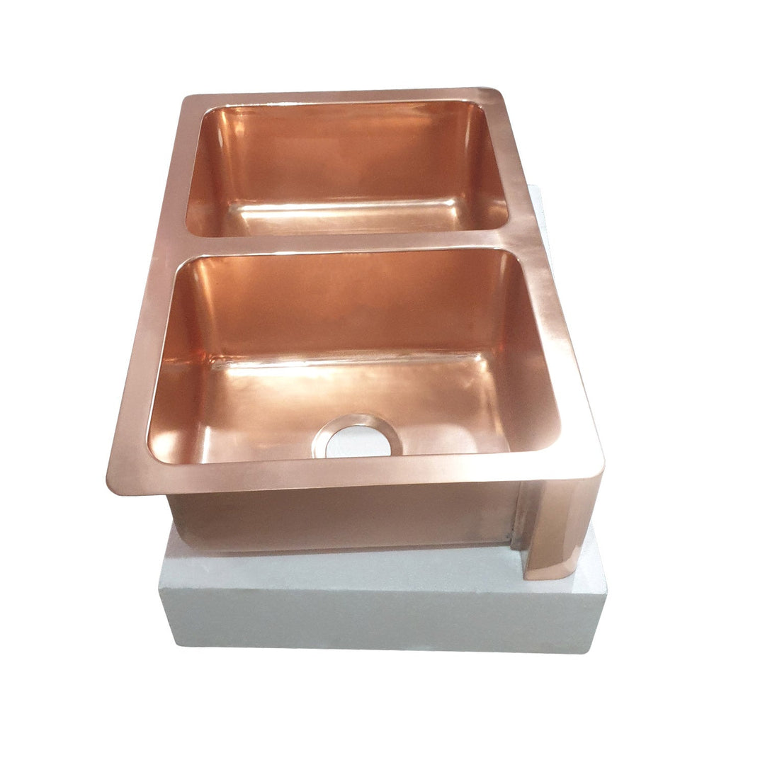 Double Bowl Smooth Front Apron Copper Kitchen Sink Plain Shiny Finish
