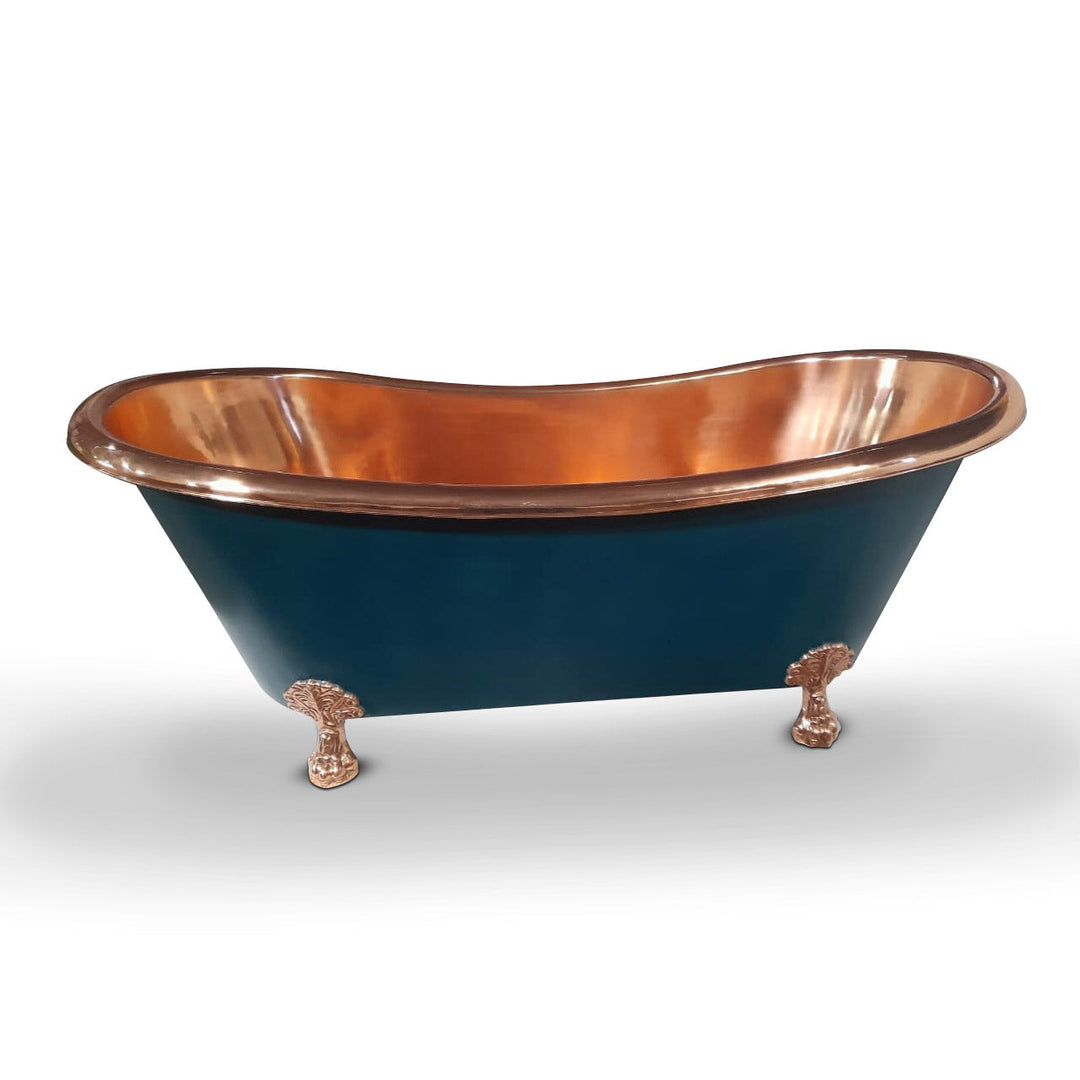 Copper Bathtub RAL 6004 Blue-Green Exterior & Copper Clawfoot Legs