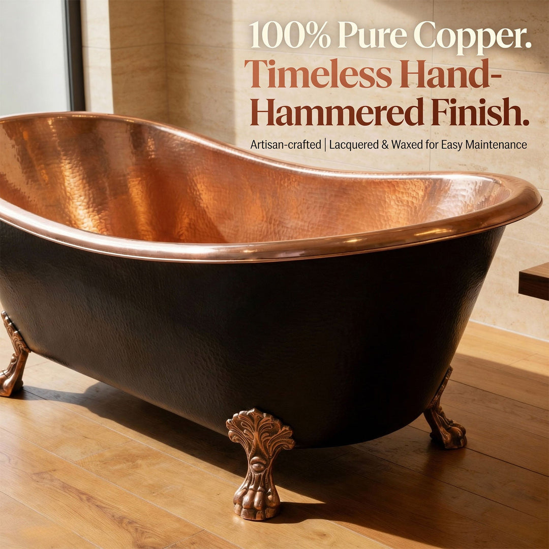 Hammered Clawfoot Copper Bathtub Copper Interior & Black Exterior