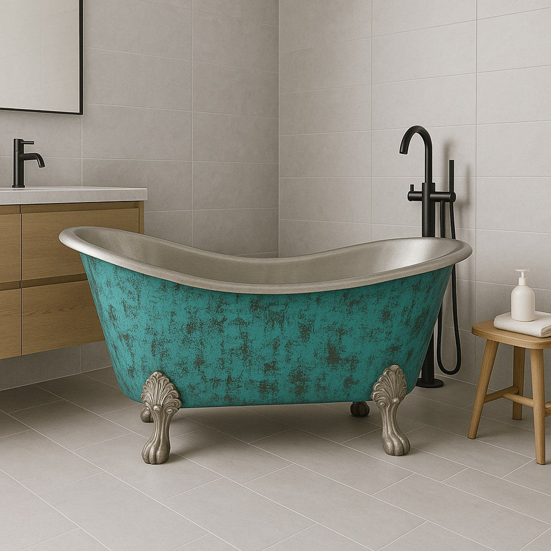 Clawfoot Copper Bathtub Verdigris Patina Exterior & Tin Interior Single Slipper