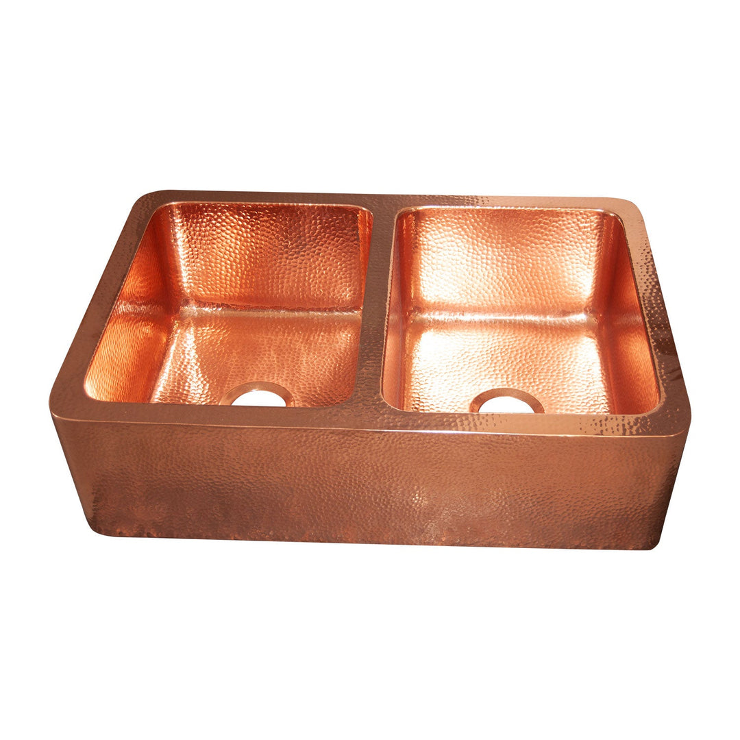 Double Bowl Hammered Front Apron Copper Kitchen Sink Shining Copper Finish