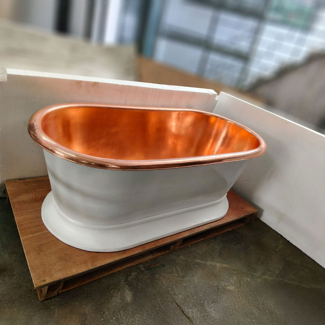 Pedestal Copper Bathtub White Powder Coated Exterior & Polished Copper Interior