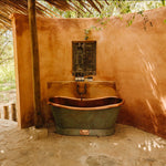 Load image into Gallery viewer, Slanting Base Copper Bathtub Copper Interior &amp; Blue Green Patina Exterior Finish
