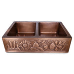 Load image into Gallery viewer, Double Bowl Sunflower Design Front Apron Copper Kitchen Sink
