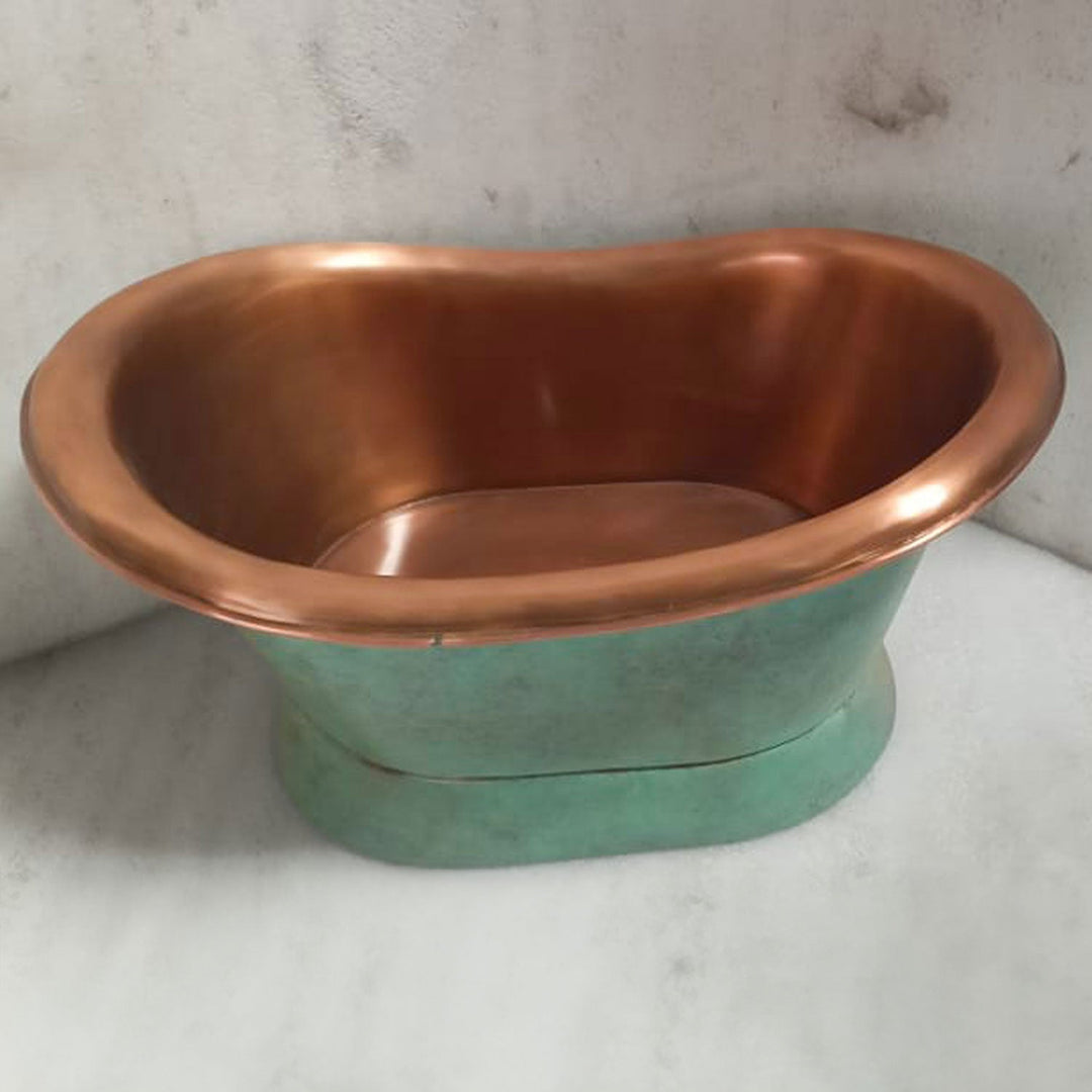 Slanting Base Copper Tub Style Sink Antique Finish Copper Inside & Patina Outside