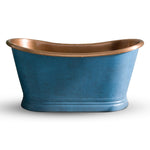 Load image into Gallery viewer, Slanted Cascading Base Copper Bathtub Verdigris Blue Patina Exterior &amp; Antique Finish Interior
