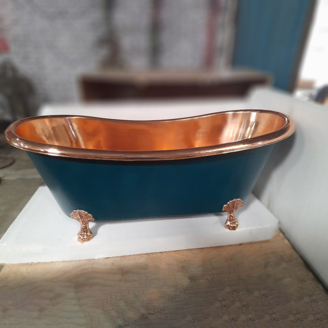Copper Bathtub RAL 6004 Blue-Green Exterior & Copper Clawfoot Legs