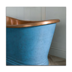 Load image into Gallery viewer, Slanted Cascading Base Copper Bathtub Verdigris Blue Patina Exterior &amp; Antique Finish Interior
