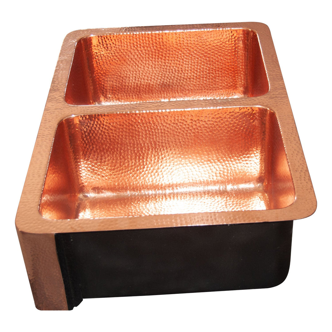 Double Bowl Hammered Front Apron Copper Kitchen Sink Shining Copper Finish