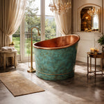 Load image into Gallery viewer, 39-Inch Japanese Soaking Copper Bathtub Hammered Antique Copper Interior Blue-Green Verdigris Patina Exterior
