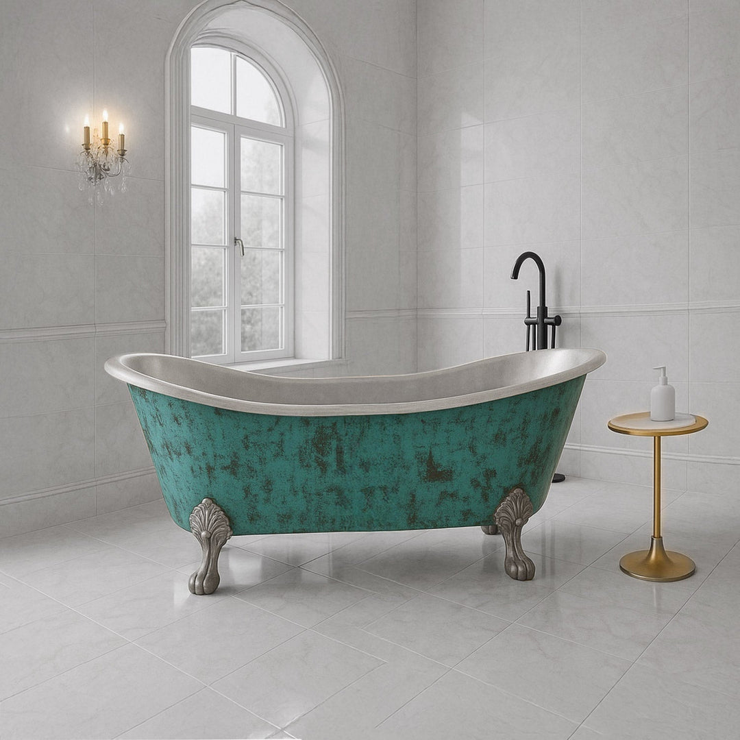 Clawfoot Copper Bathtub Verdigris Patina Exterior & Tin Interior Double Slipper