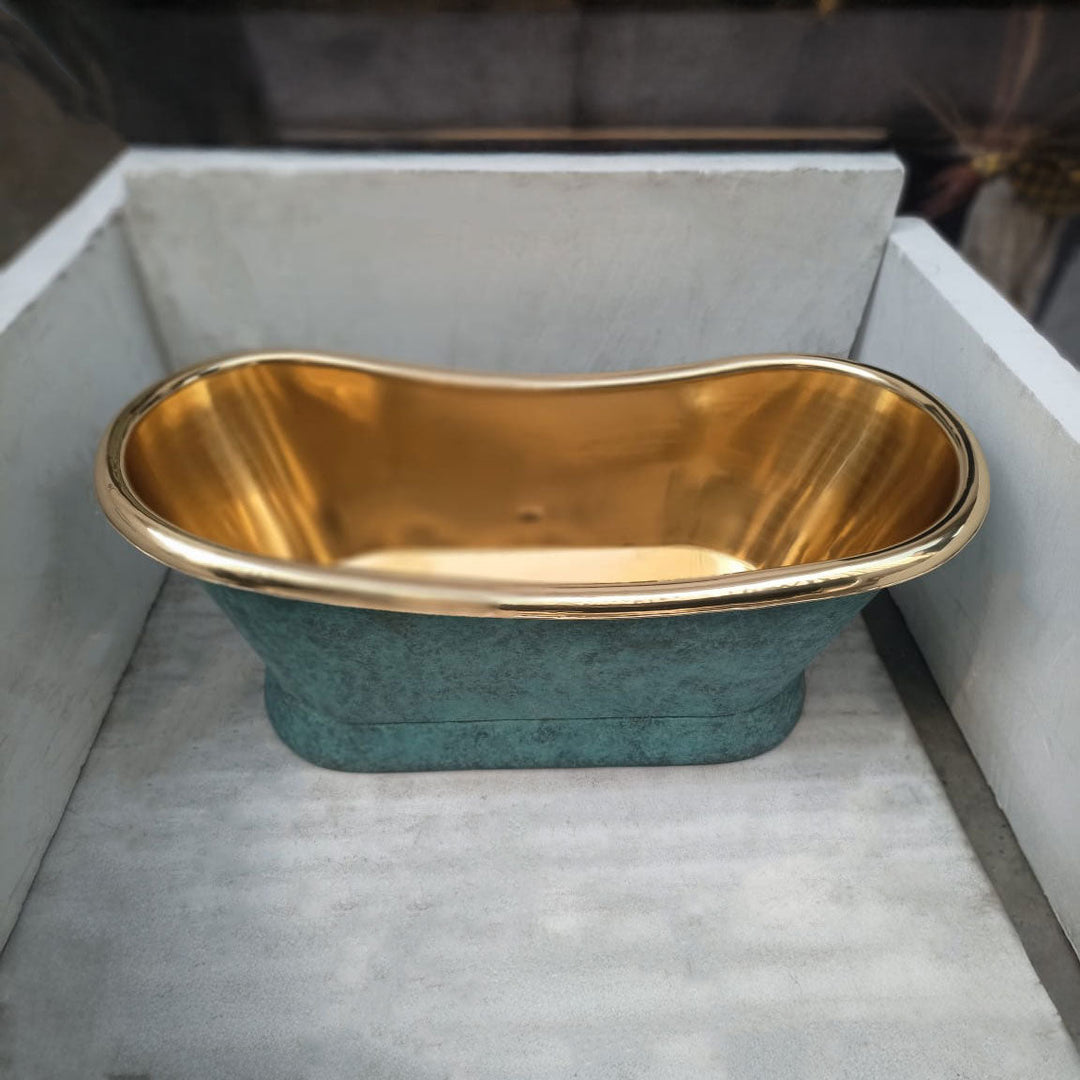 Slanting Base Brass Bathtub Polished Brass Inside & Patina Outside