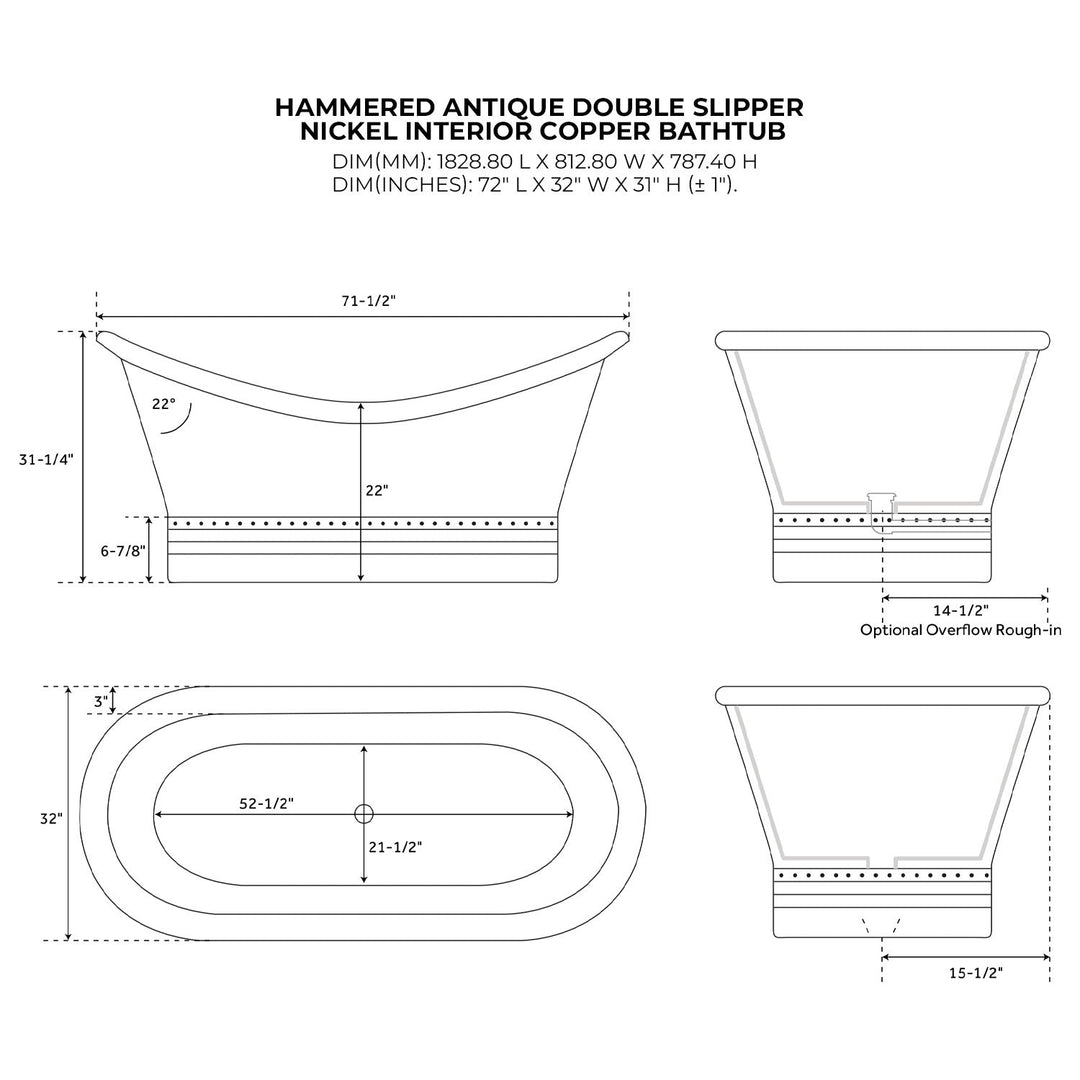 Double Slipper Nickel Interior Copper Bathtub