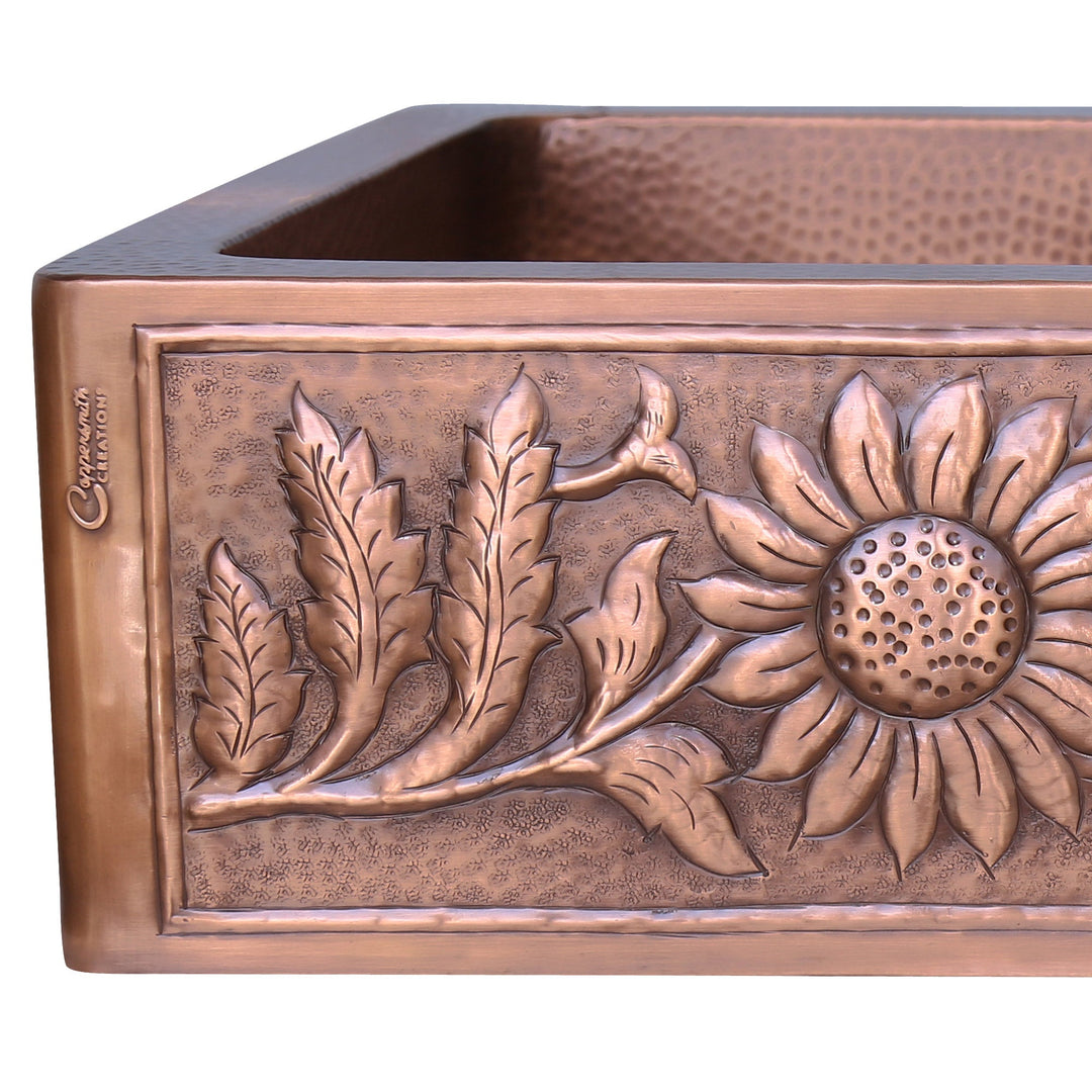 Double Bowl Sunflower Design Front Apron Copper Kitchen Sink