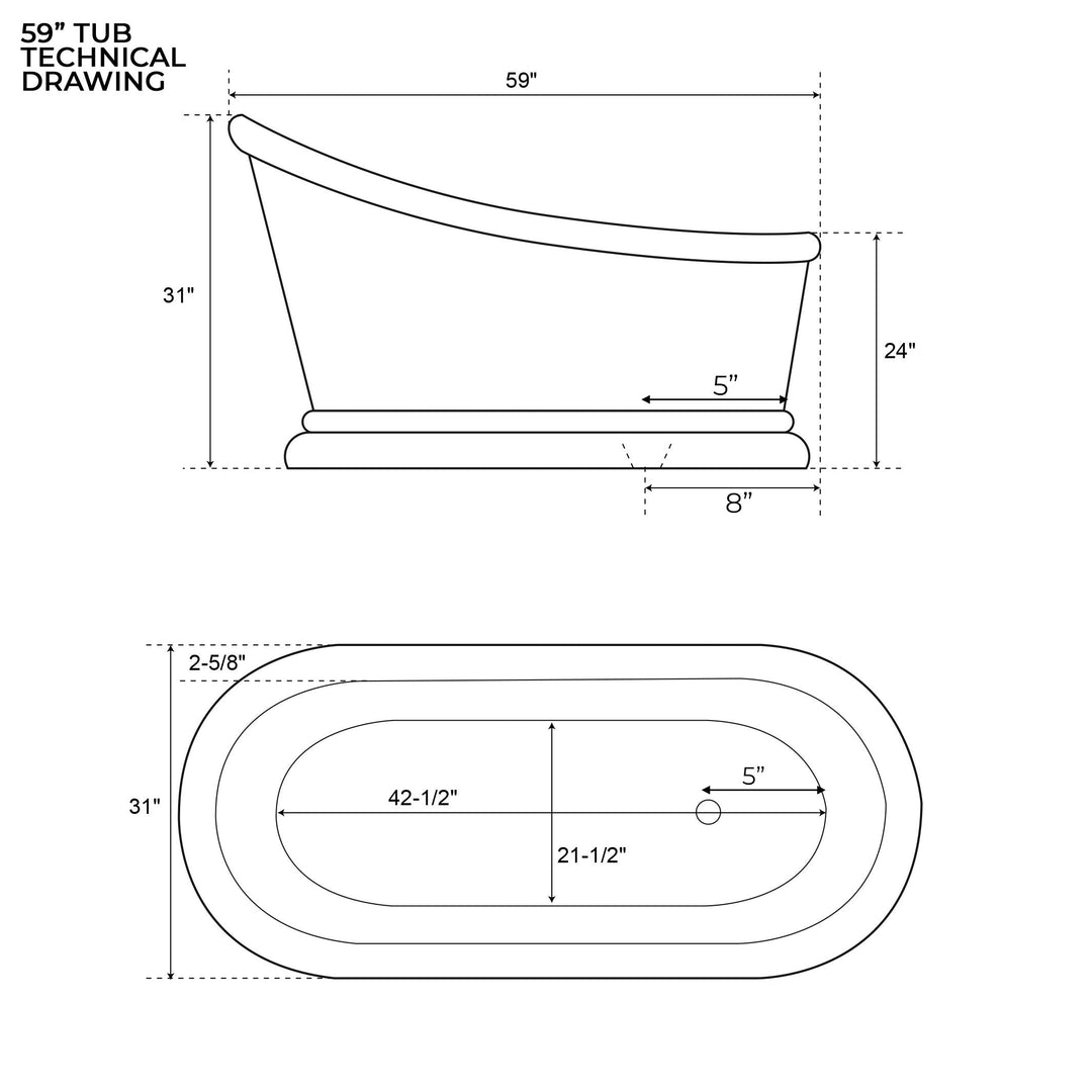 Smooth Single Slipper Pedestal Copper Bathtub