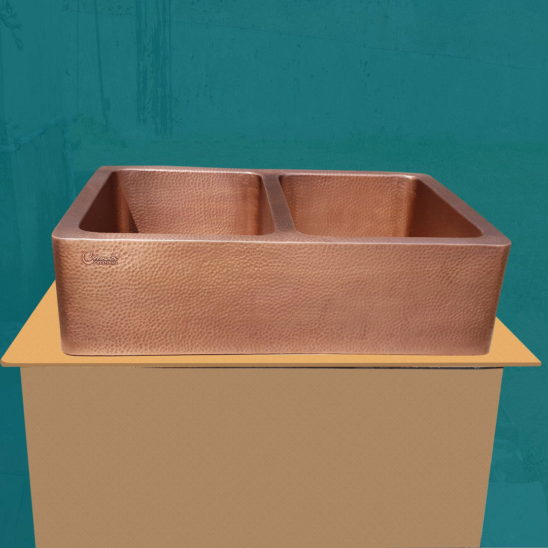 Double Bowl Hammered Front Apron Copper Kitchen Sink Antique Finish