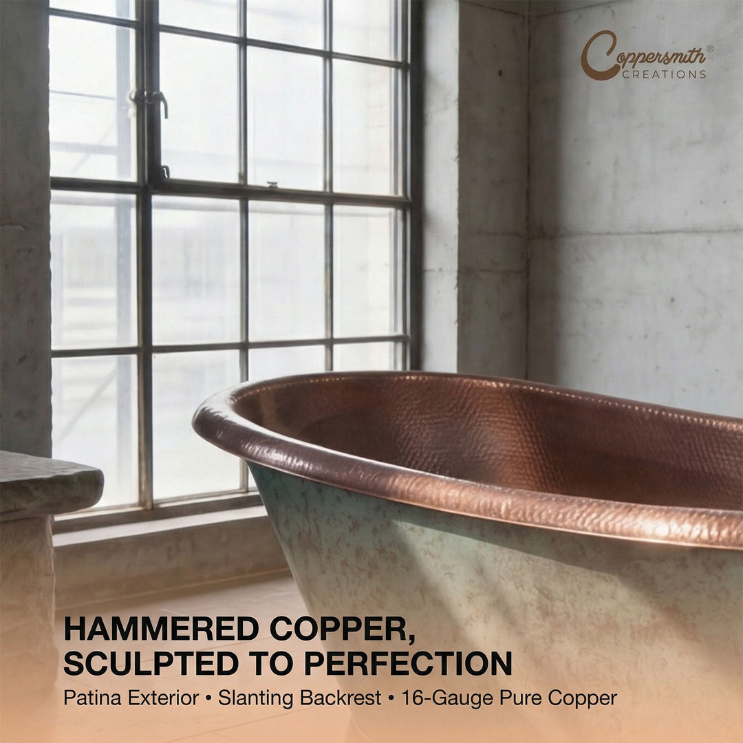 Slanting Base Copper Bathtub Hammered Antique Copper Interior & Patina Exterior Finish