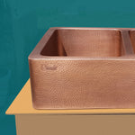 Load image into Gallery viewer, Double Bowl Hammered Front Apron Copper Kitchen Sink Antique Finish
