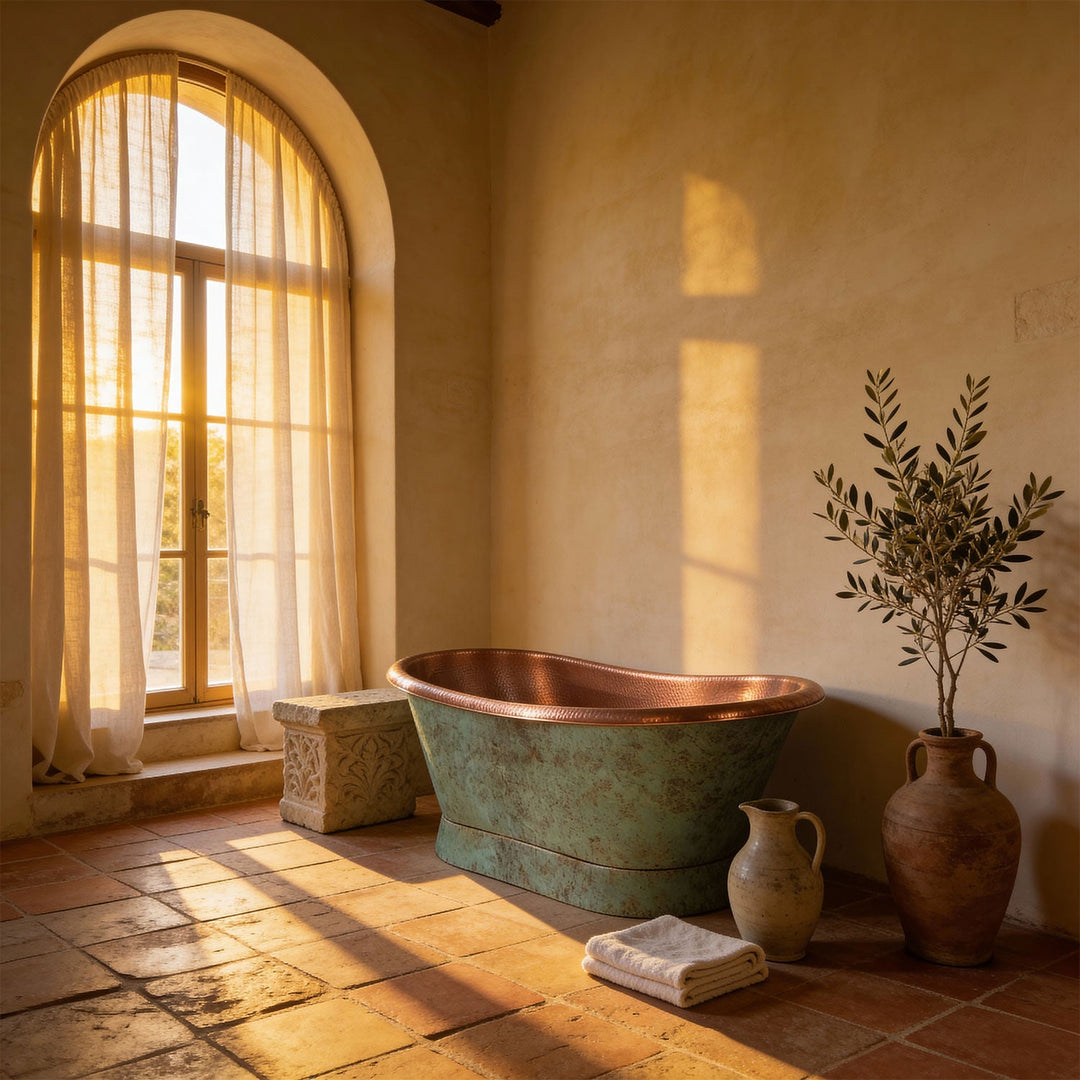 Slanting Base Copper Bathtub Hammered Antique Copper Interior & Patina Exterior Finish