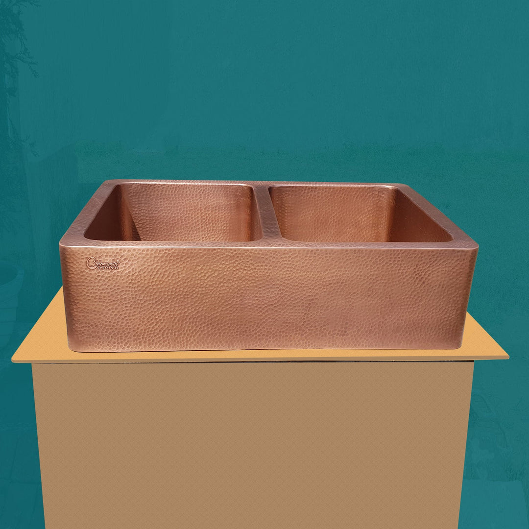 Double Bowl Hammered Front Apron Copper Kitchen Sink Antique Finish