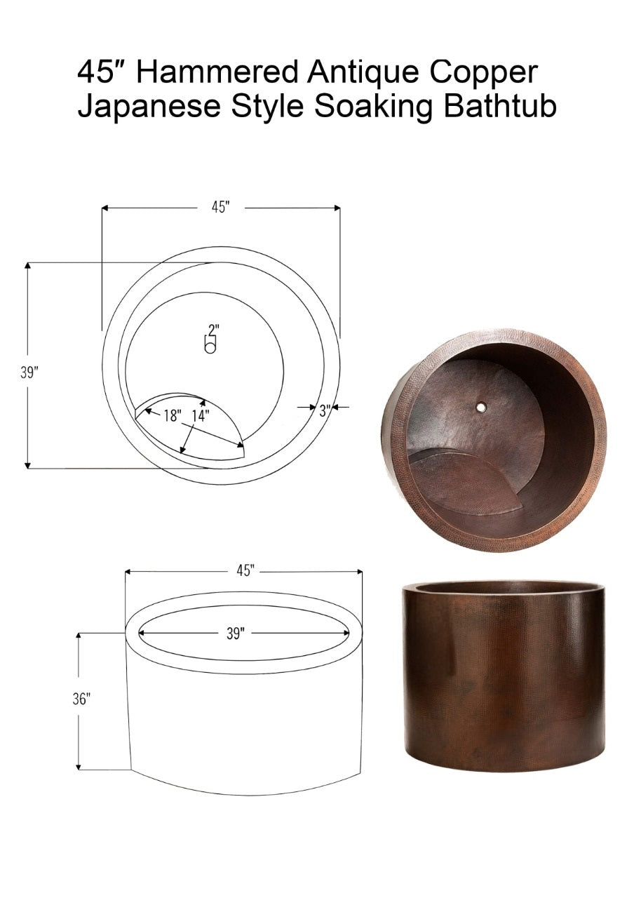 45-inch Hammered Antique Japanese Style Soaking Copper Bathtub
