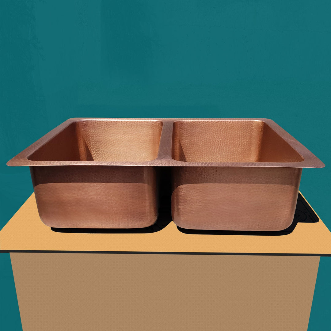 Double Bowl Hammered Front Apron Copper Kitchen Sink Antique Finish