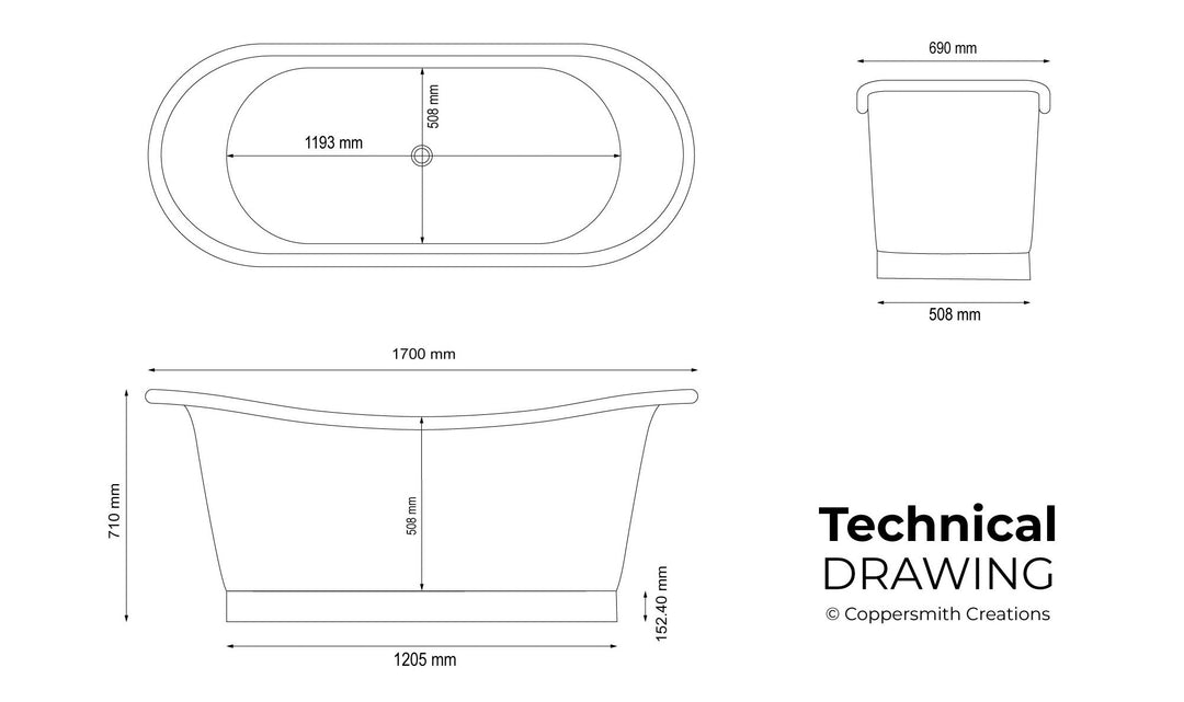 Straight Base Copper Bathtub Black Outside