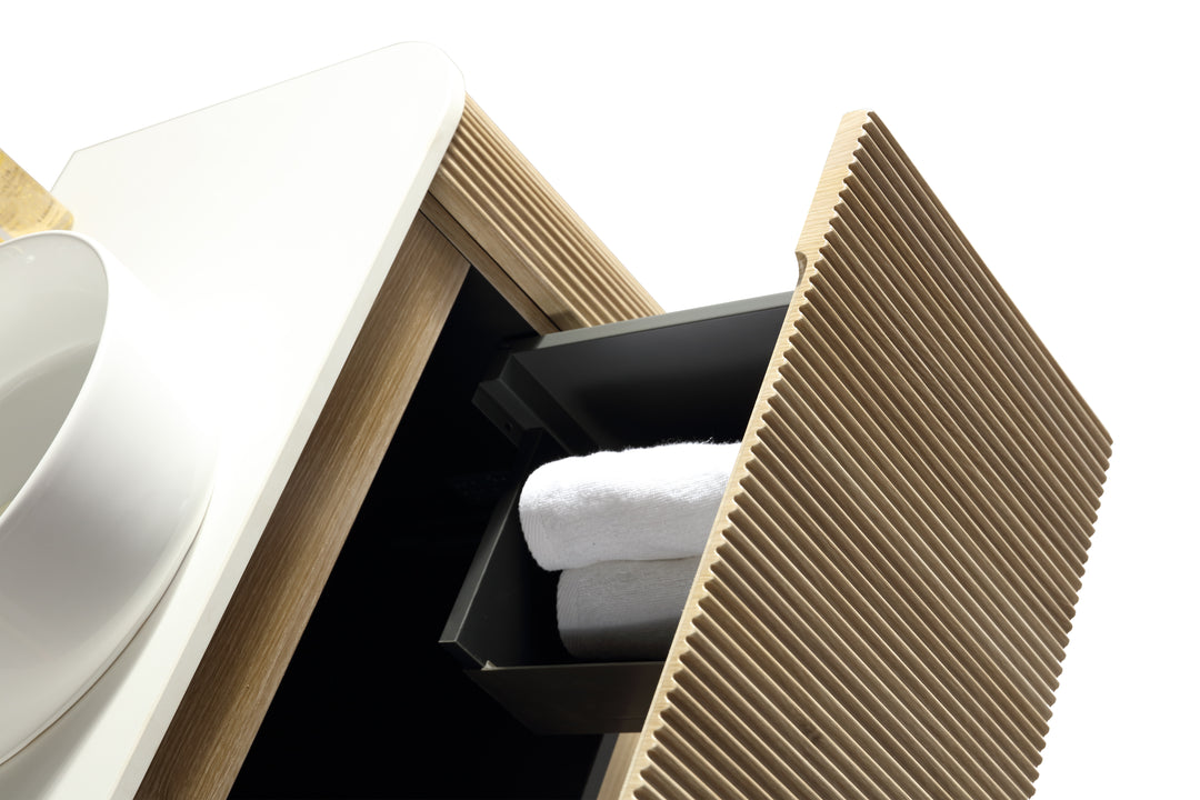 Flauto 870mm Fluted Wall Hung Curved Corner Vanity Unit with Sintered Stone Countertop