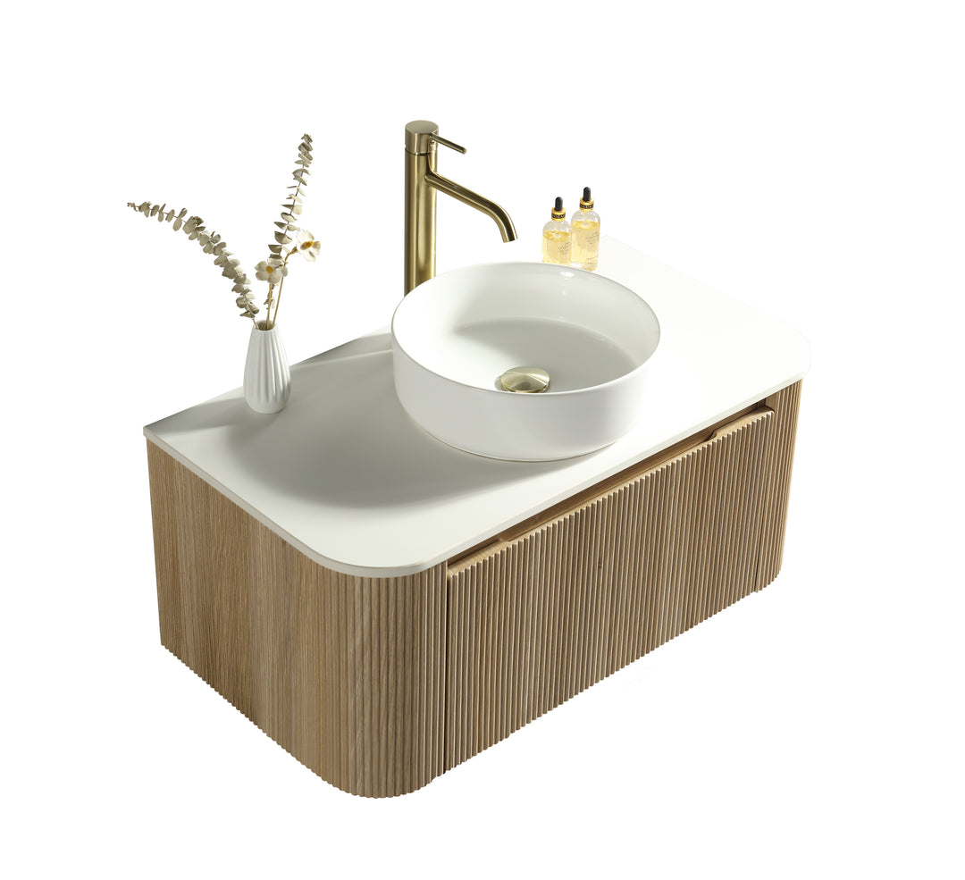 Flauto 870mm Fluted Wall Hung Curved Corner Vanity Unit with Sintered Stone Countertop