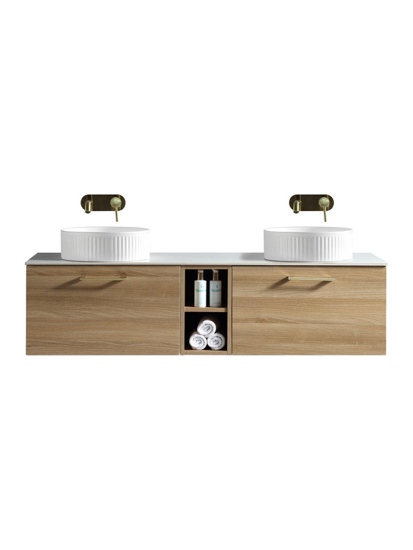 Piatta 1400mm Wall Hung Double Vanity Unit with Side Storage & Sintered Stone Countertop