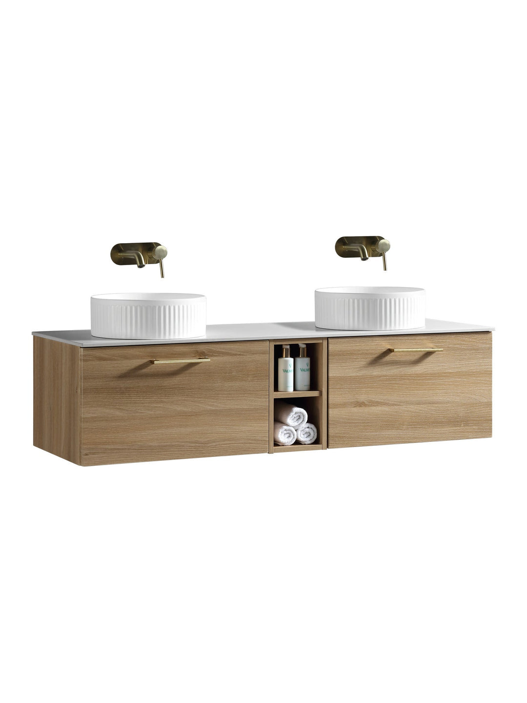Piatta 1400mm Wall Hung Double Vanity Unit with Side Storage & Sintered Stone Countertop