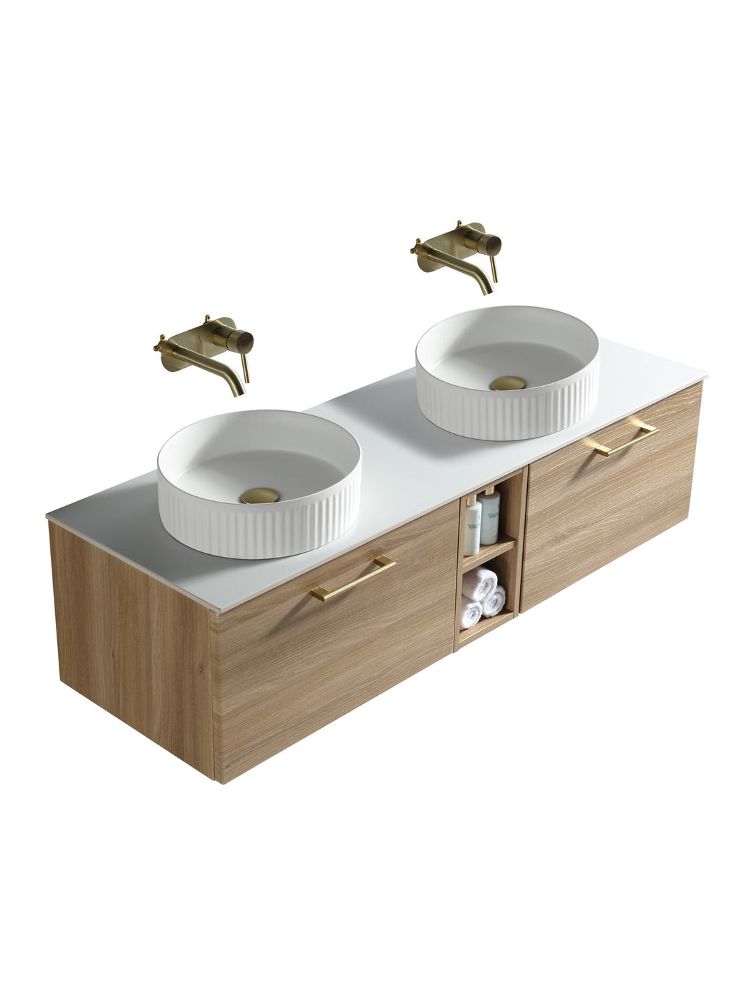 Piatta 1400mm Wall Hung Double Vanity Unit with Side Storage & Sintered Stone Countertop