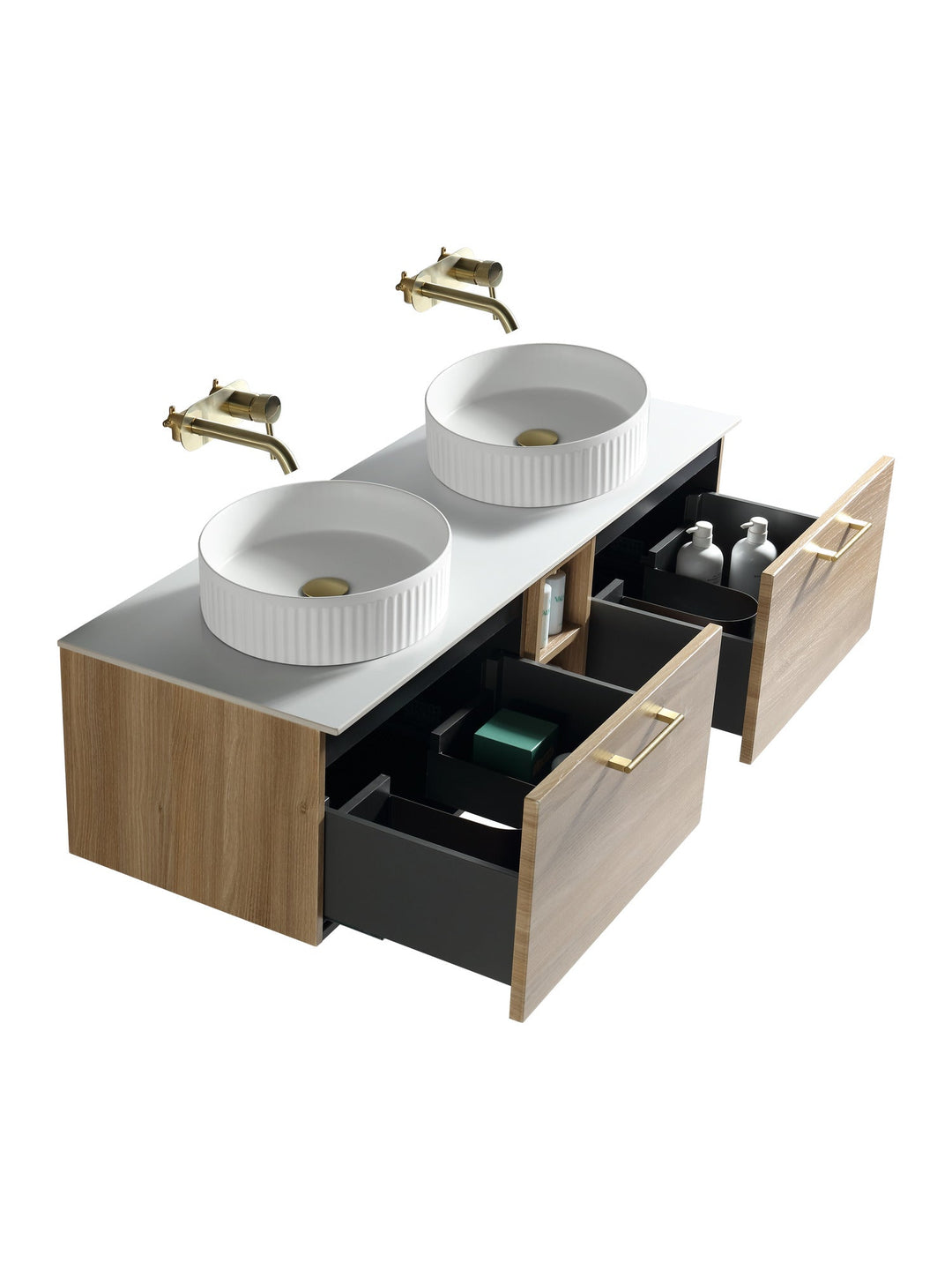 Piatta 1400mm Wall Hung Double Vanity Unit with Side Storage & Sintered Stone Countertop