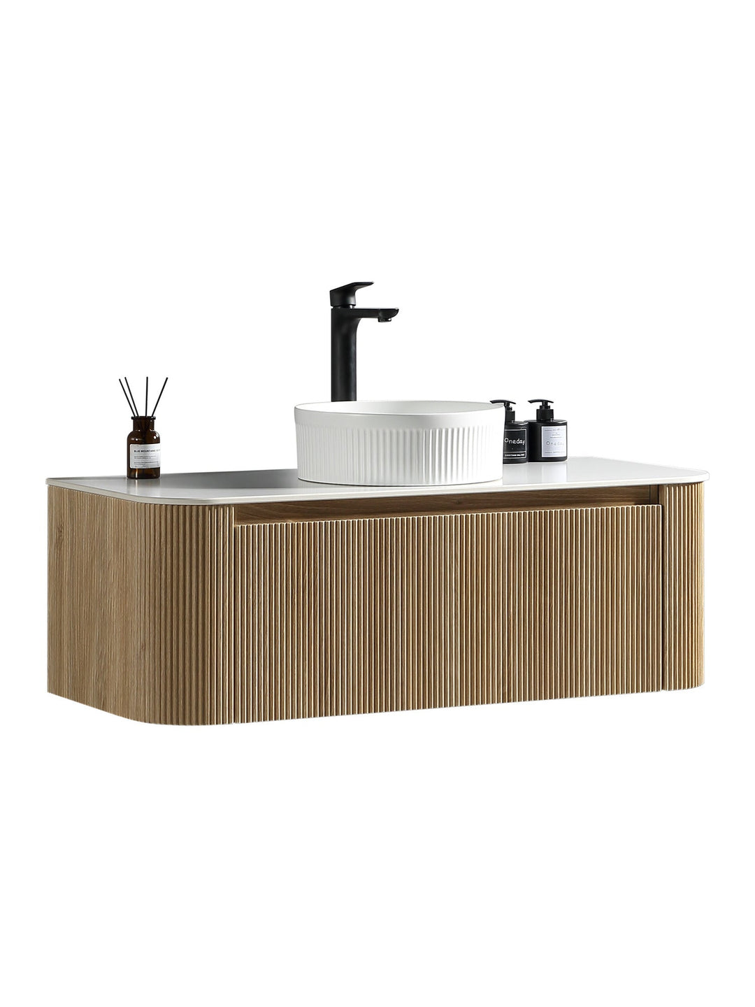 Flauto 1070mm Wall Hung Curved Corner Vanity Unit with Sintered Stone Countertop
