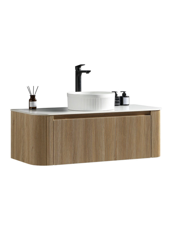 Flauto 1070mm Wall Hung Curved Corner Vanity Unit with Sintered Stone Countertop
