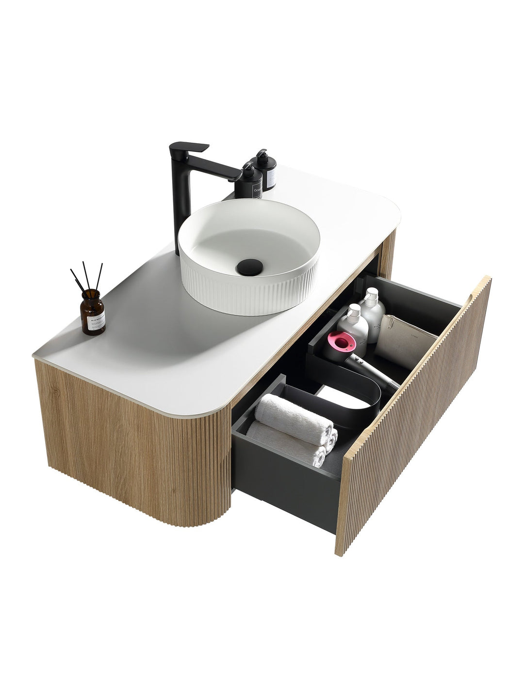 Flauto 1070mm Wall Hung Curved Corner Vanity Unit with Sintered Stone Countertop