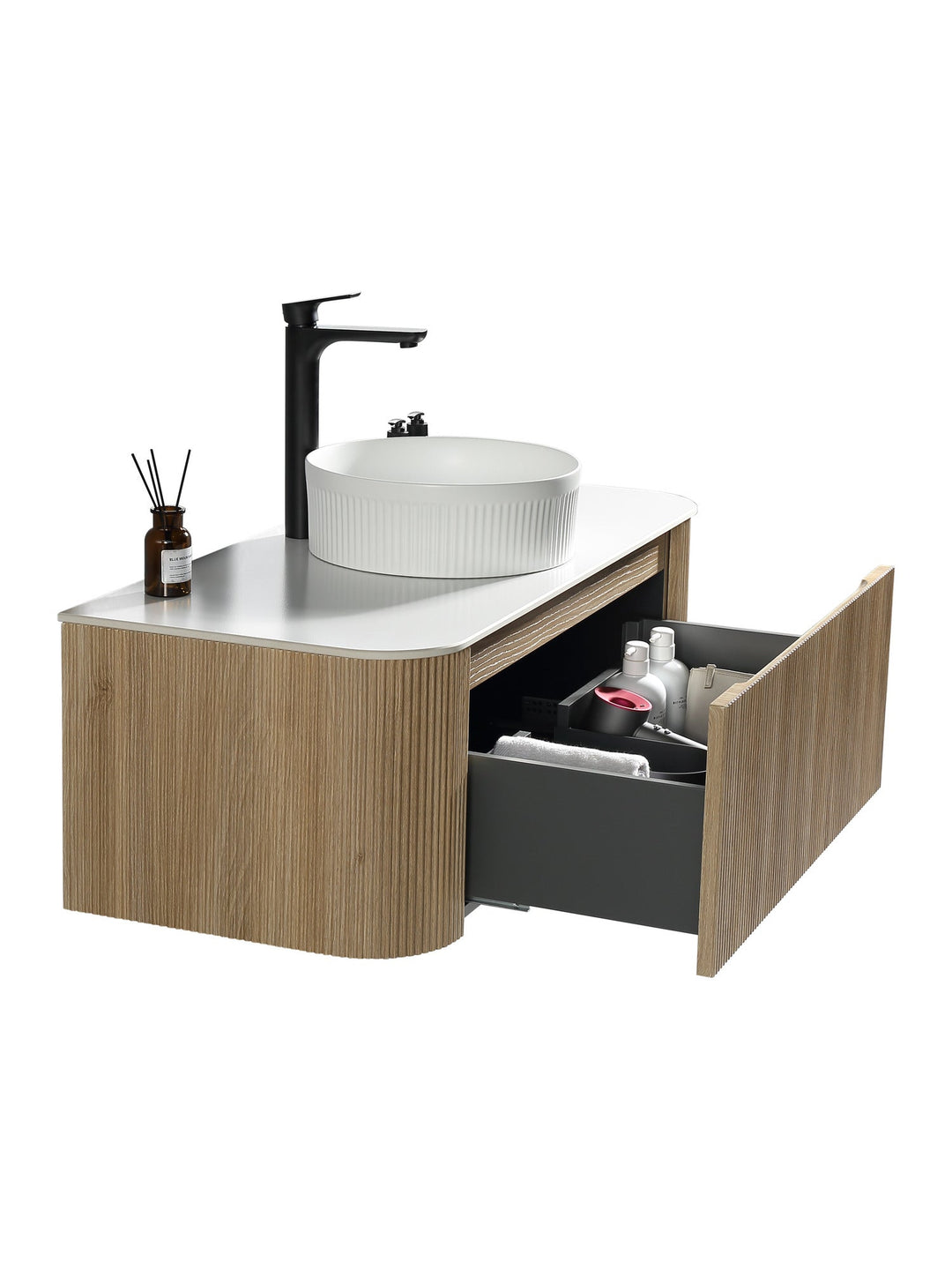Flauto 1070mm Wall Hung Curved Corner Vanity Unit with Sintered Stone Countertop