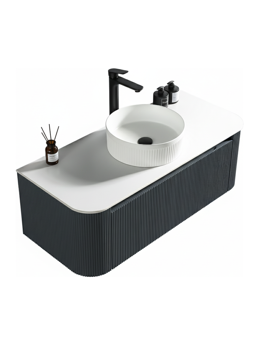 Flauto 1070mm Wall Hung Curved Corner Vanity Unit with Sintered Stone Countertop