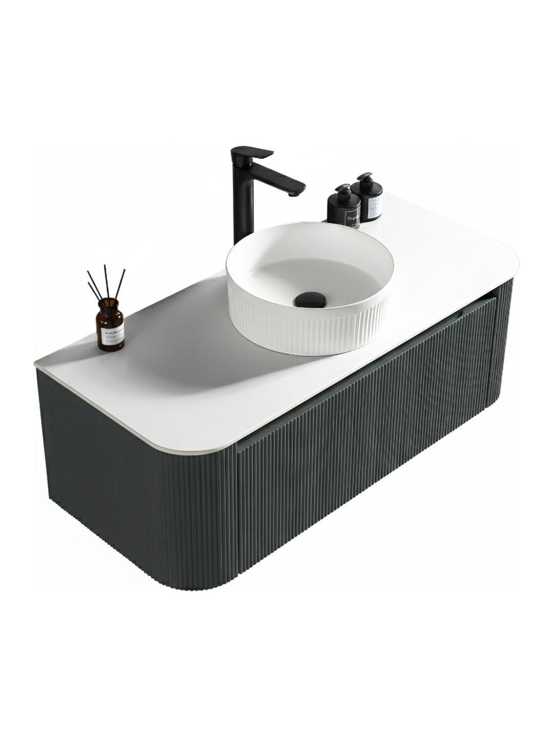 Flauto 1070mm Wall Hung Curved Corner Vanity Unit with Sintered Stone Countertop