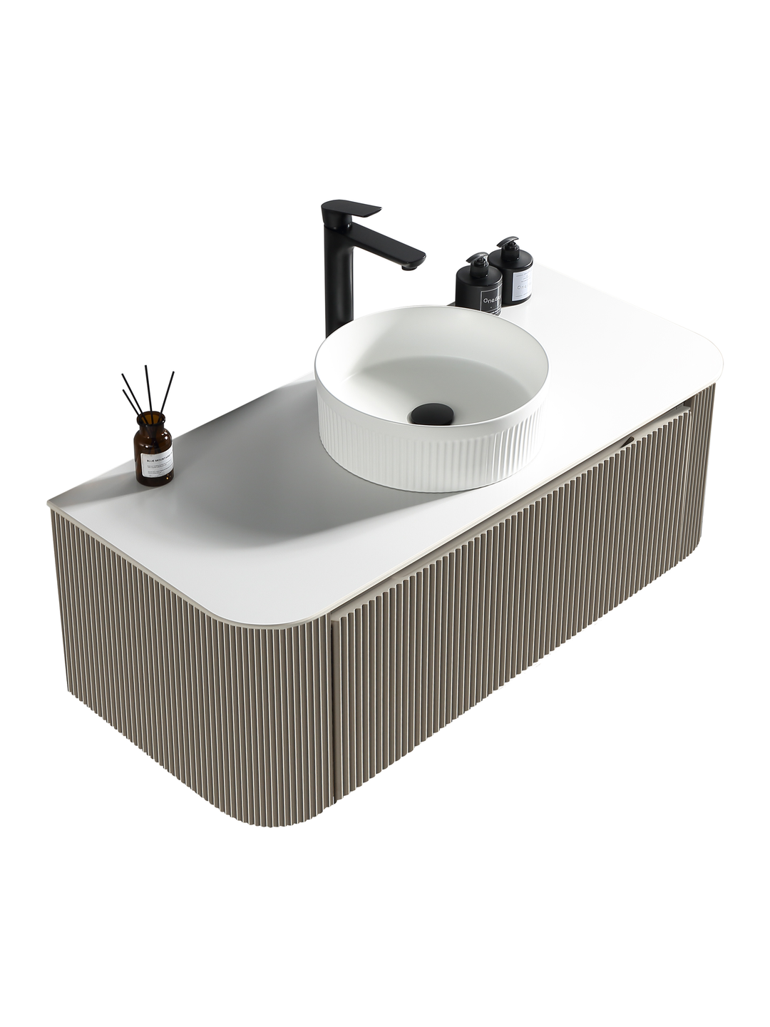 Flauto 1070mm Wall Hung Curved Corner Vanity Unit with Sintered Stone Countertop