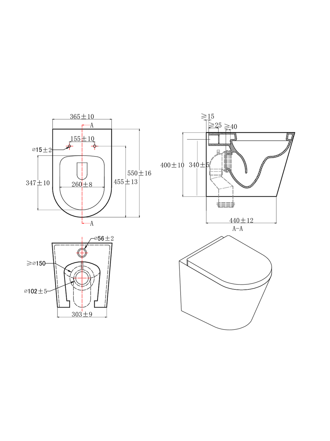 Ferrara Plus Rimless Back-to-Wall D-Shape Toilet Pan & Seat
